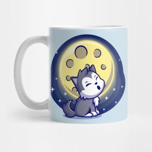 Cute Wolf Roar With Moon Cartoon Mug